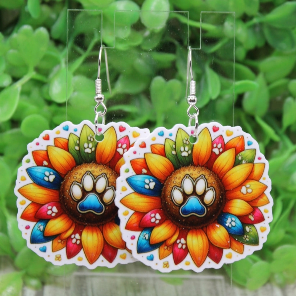 Colorful Paw Print Sunflower Earrings